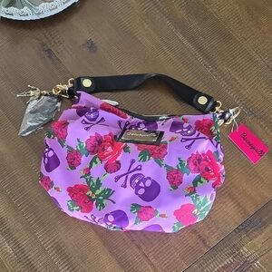 Betsey Johnson Pink and Black Skull Floral Shoulder Bag